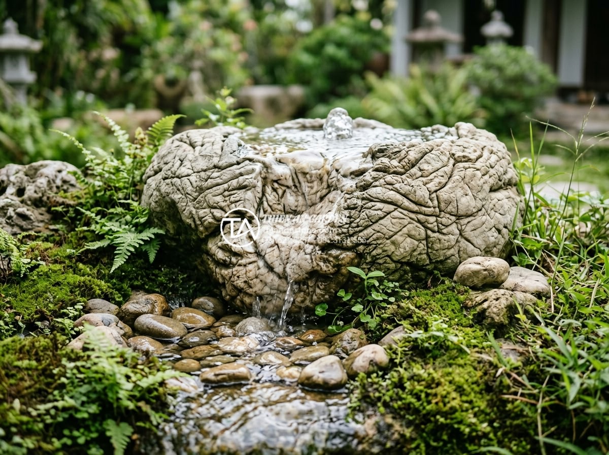 Checklist 10 món phụ kiện không thể thiếu khi làm tiểu cảnh đá cuội - Elegant close-up of a small natural stone water feature with gentle bubbling wat
