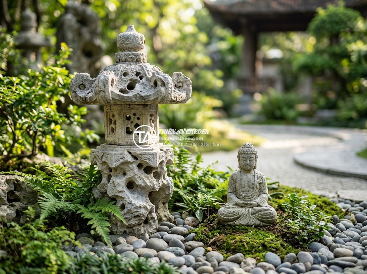Checklist 10 món phụ kiện không thể thiếu khi làm tiểu cảnh đá cuội - Artistic composition of hand-carved natural stone lantern and small Buddha statu