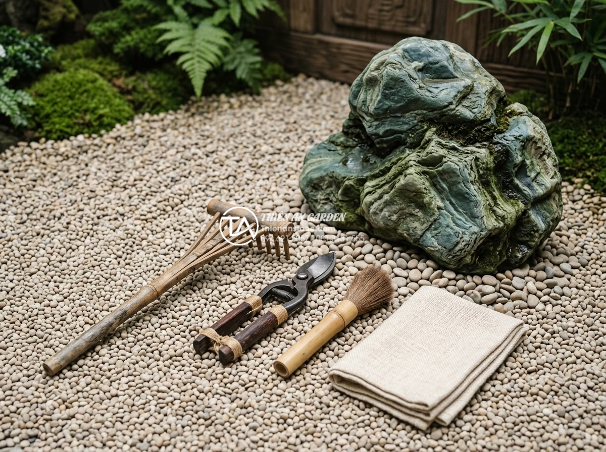Checklist 10 món phụ kiện không thể thiếu khi làm tiểu cảnh đá cuội - Beautiful flat-lay photograph of professional zen garden tools including bamboo 
