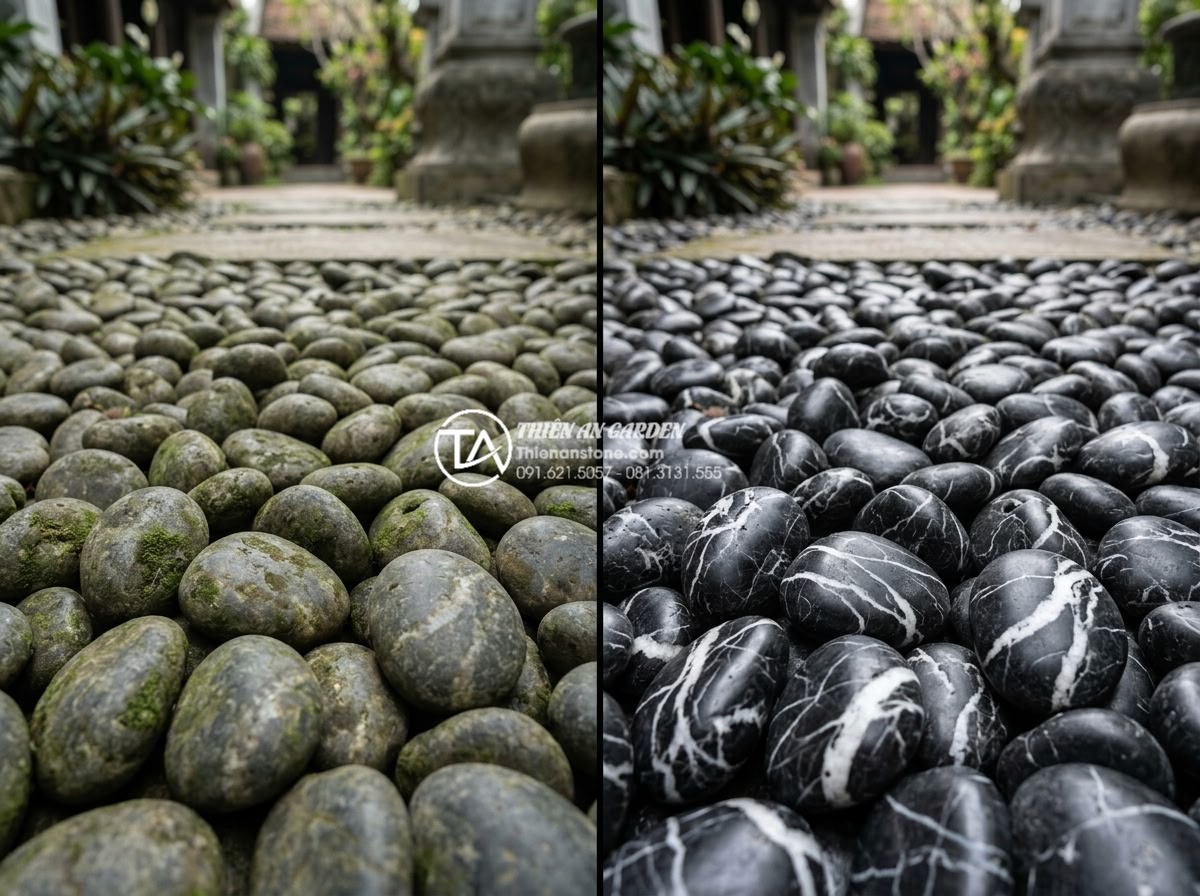 Checklist 10 món phụ kiện không thể thiếu khi làm tiểu cảnh đá cuội - Before and after split image showing natural pebble stones: left side untreated 