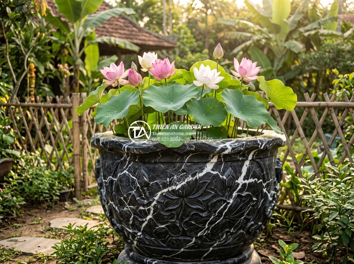 Checklist 10 vật dụng không thể thiếu khi trang trí tiểu cảnh làng quê - Hình 6 Checklist 10 vật dụng không thể thiếu khi trang trí tiểu cảnh làng quê - Large hand-carved natural granite flower pot with traditional lotus relief carvi