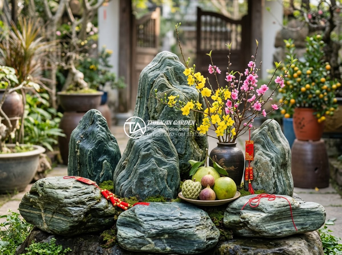 Checklist vật liệu cần chuẩn bị trước khi làm tiểu cảnh trang trí tết hoa đá - Feng shui arrangement of natural stones with flowers in a harmonious garden layo