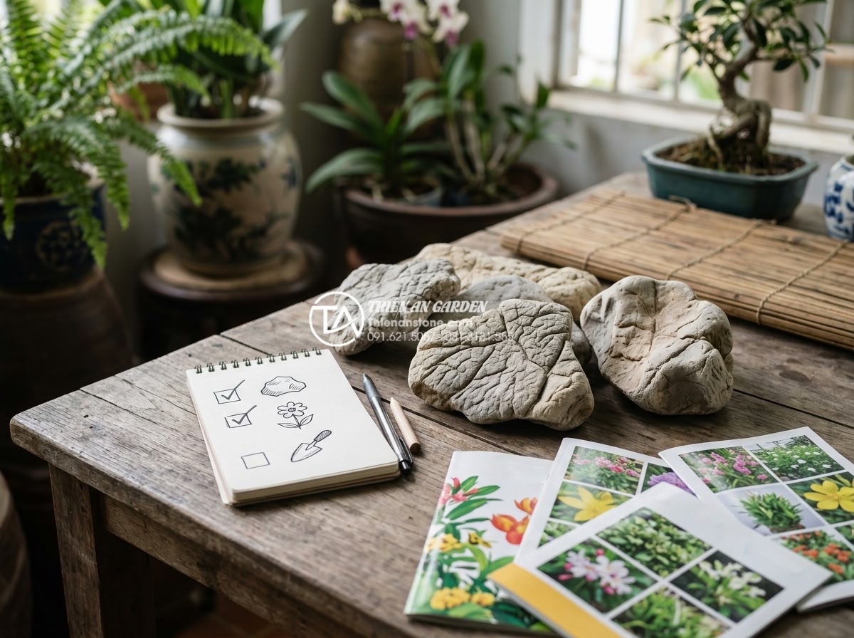 Checklist vật liệu cần chuẩn bị trước khi làm tiểu cảnh trang trí tết hoa đá - Shopping checklist with stone samples and flower catalogs for preparing garden d