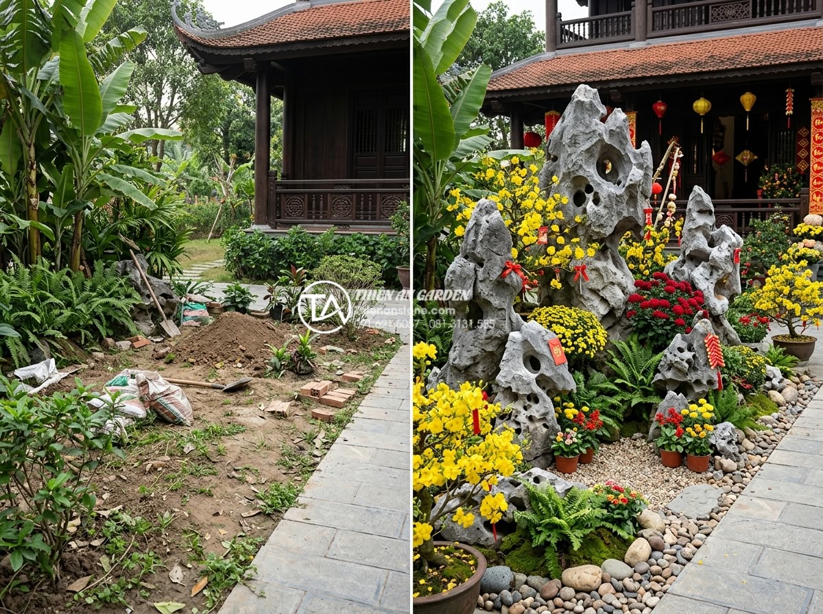 Checklist vật liệu cần chuẩn bị trước khi làm tiểu cảnh trang trí tết hoa đá - Before and after photos of a successful Tet stone flower decoration project in a