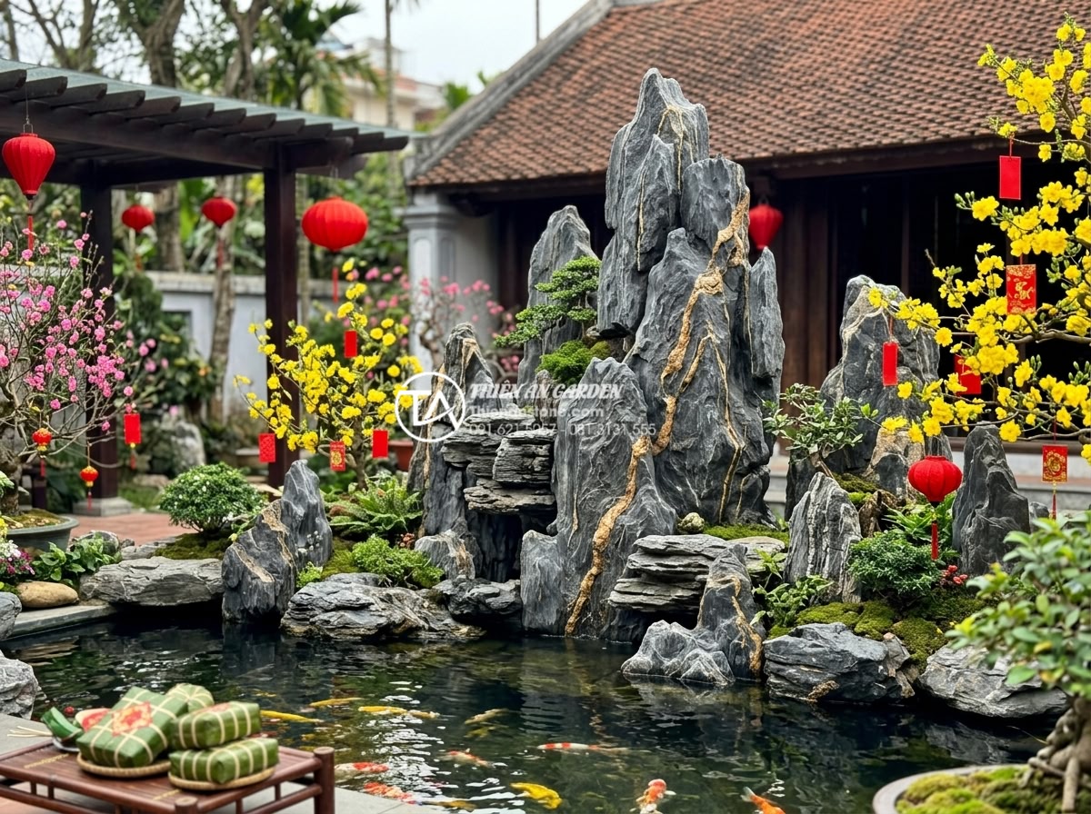 Checklist vật liệu cần chuẩn bị trước khi làm tiểu cảnh trang trí tết hoa đá - Real-life completed stone art garden scenes decorated for Vietnamese Lunar New Y
