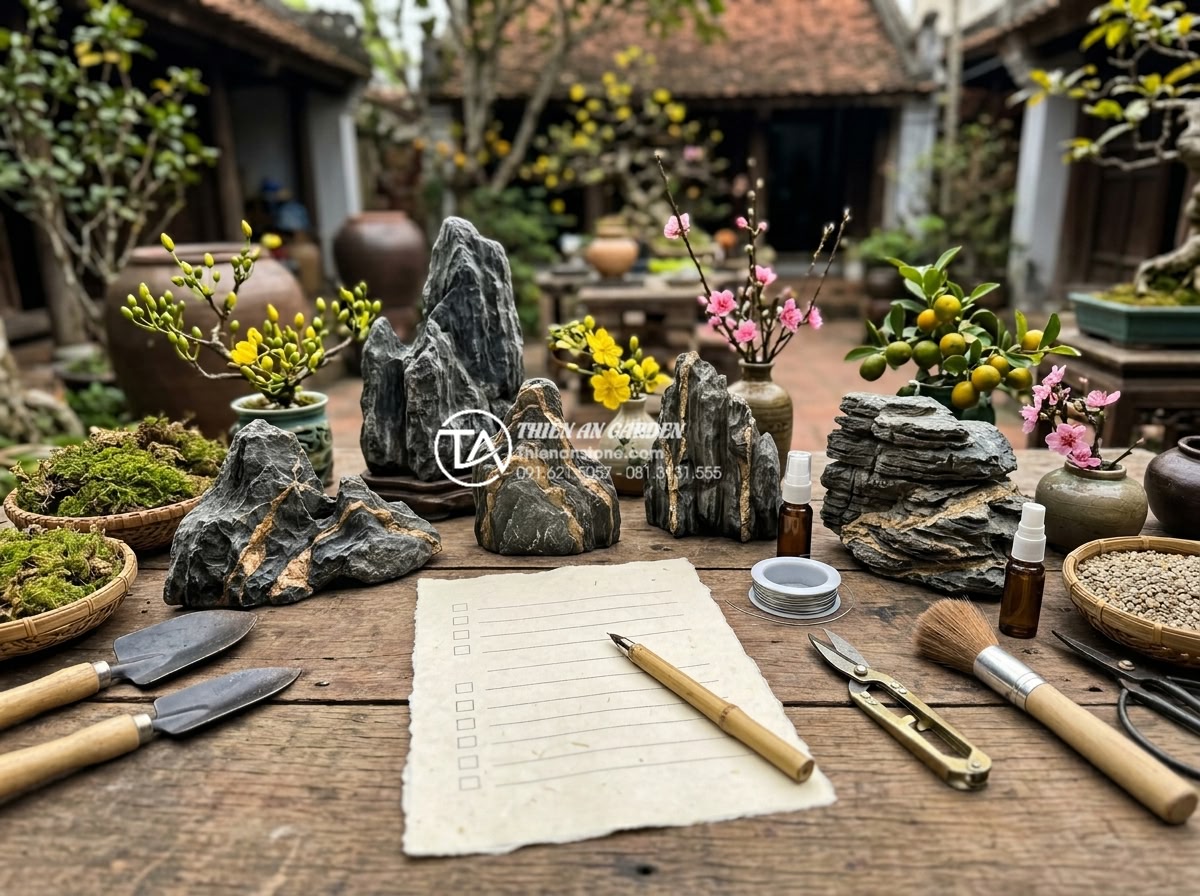 Checklist vật liệu cần chuẩn bị trước khi làm tiểu cảnh trang trí tết hoa đá - Detailed checklist layout on paper with various natural stone samples, flower ar