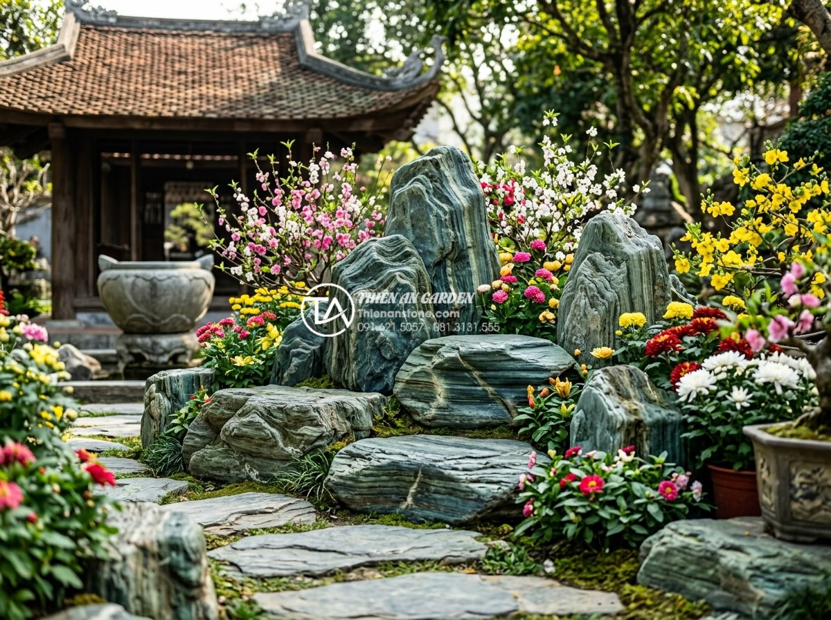 Checklist vật liệu cần chuẩn bị trước khi làm tiểu cảnh trang trí tết hoa đá - Black basalt stones stacked creatively with colorful Tet flowers blooming around