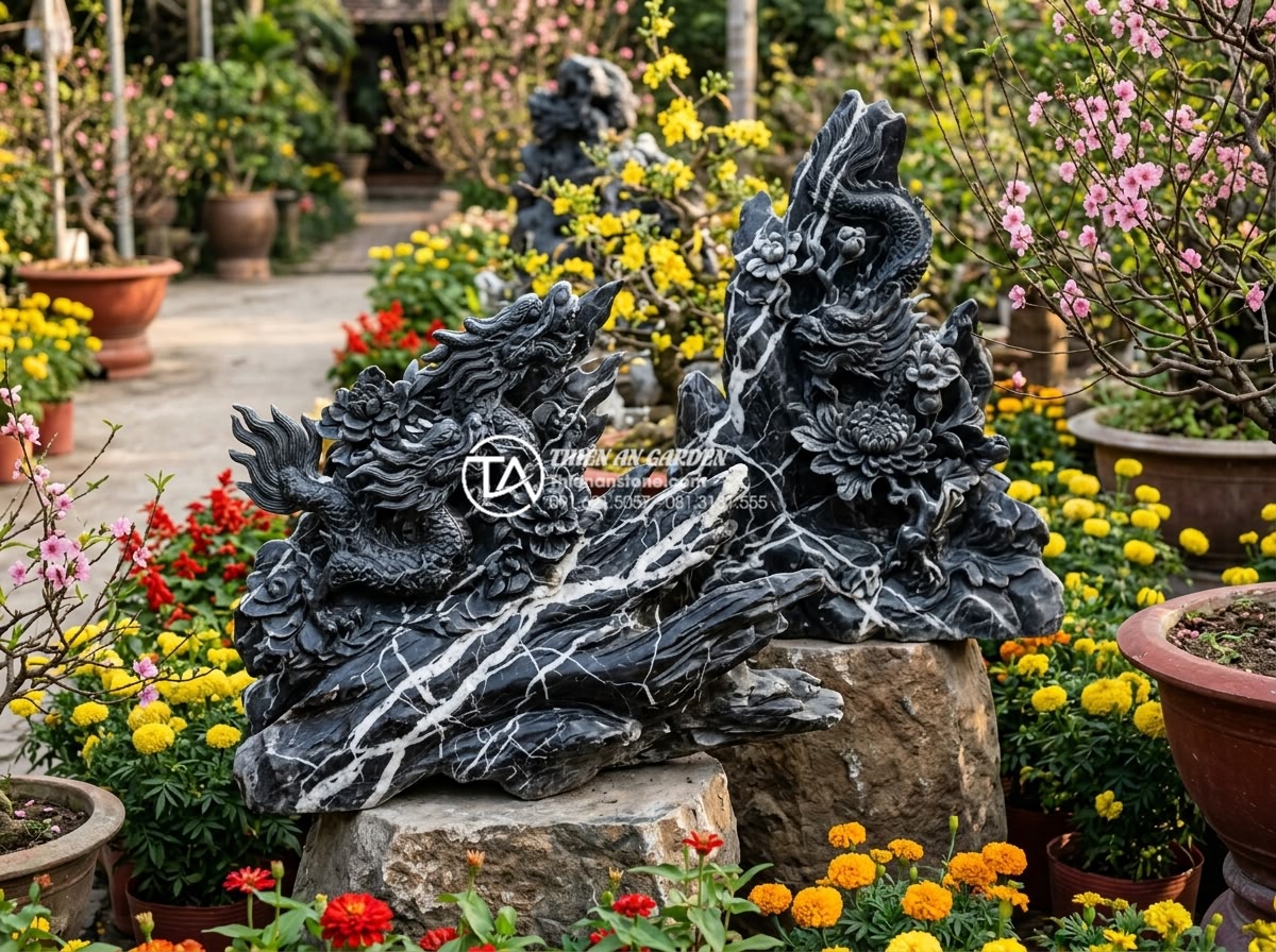 Checklist vật liệu cần chuẩn bị trước khi làm tiểu cảnh trang trí tết hoa đá - Intricately carved natural stone sculptures of dragons and flowers in artistic T