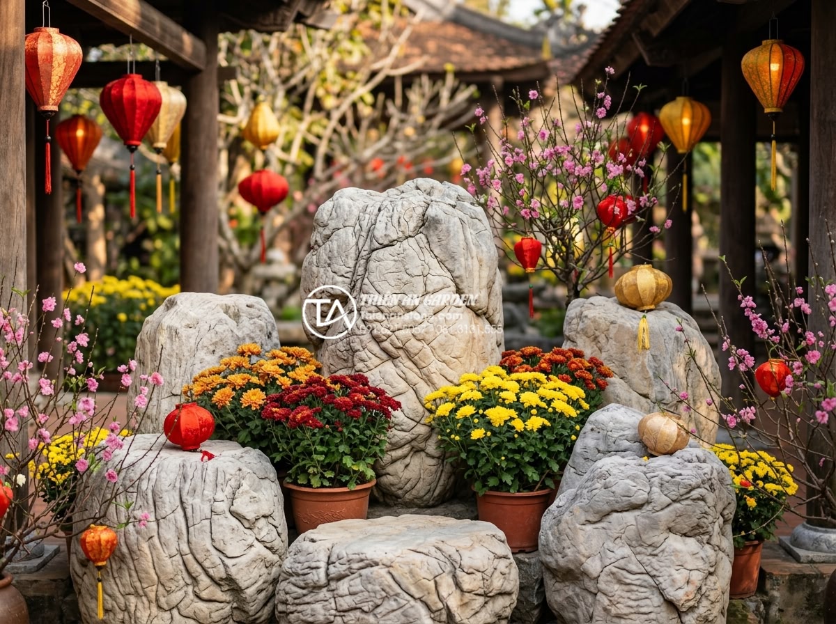 Checklist vật liệu cần chuẩn bị trước khi làm tiểu cảnh trang trí tết hoa đá - Colorful fresh flowers like peach blossoms and chrysanthemums arranged around na