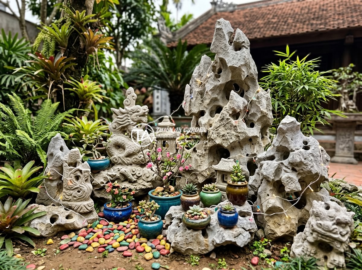 Checklist vật liệu cần chuẩn bị trước khi làm tiểu cảnh trang trí tết hoa đá - Assorted decorative accessories including colorful pebbles, LED lights, and cera