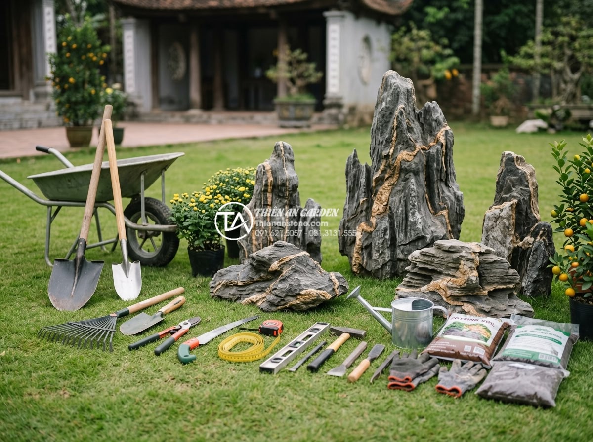 Checklist vật liệu cần chuẩn bị trước khi làm tiểu cảnh trang trí tết hoa đá - Professional gardening tools and stone installation equipment laid out on grass 
