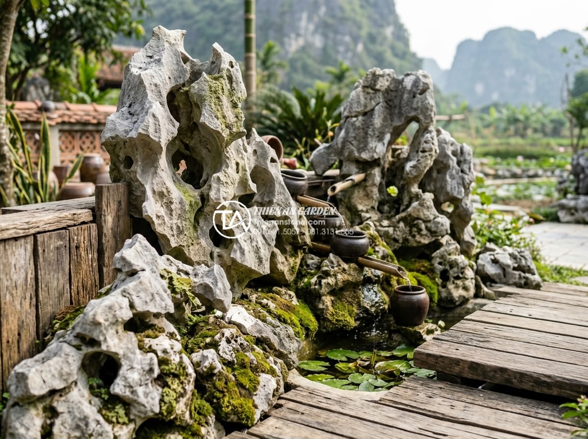 Chi phí xây dựng tiểu cảnh làng quê diện tích lớn cần bao nhiêu tiền? - Close-up of eco-friendly sustainable natural stone elements including recycled w