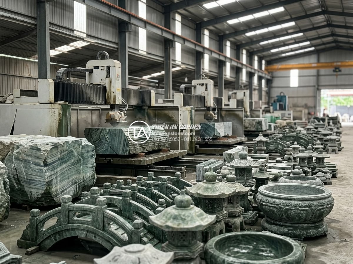 Chi phí xây dựng tiểu cảnh làng quê diện tích lớn cần bao nhiêu tiền? - Massive natural stone blocks being precisely cut by CNC machines inside Thien An