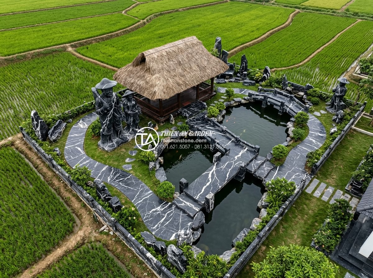 Chi phí xây dựng tiểu cảnh làng quê diện tích lớn cần bao nhiêu tiền? - Aerial view of a completed 1500 square meter Vietnamese countryside village ston