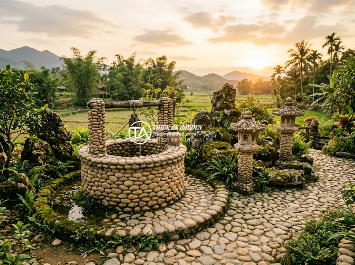 Chi phí xây dựng tiểu cảnh làng quê diện tích lớn cần bao nhiêu tiền? - Team of skilled Vietnamese stone artisans from Thien An Stone carefully installi