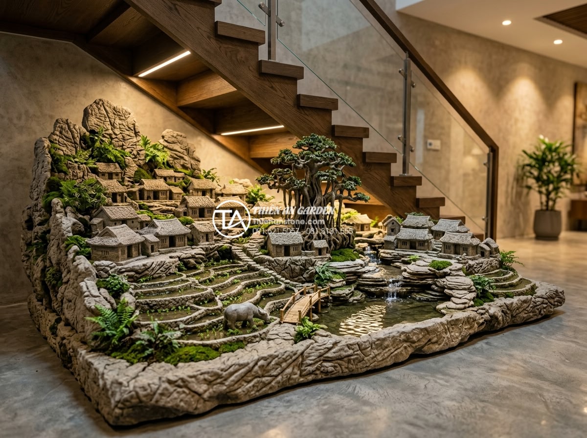 Có nên đặt tiểu cảnh làng quê Bắc Bộ dưới gầm cầu thang? Tư vấn từ chuyên gia - Realistic high-resolution photograph of a detailed miniature North Vietnamese vi