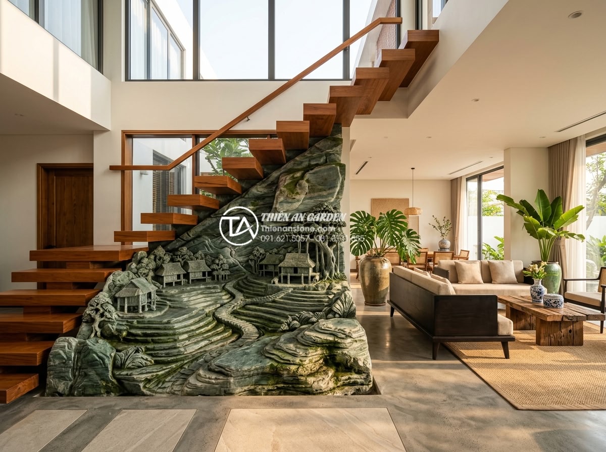 Có nên đặt tiểu cảnh làng quê Bắc Bộ dưới gầm cầu thang? Tư vấn từ chuyên gia - Luxury modern villa interior photo featuring a stunning hand-carved North Vietna