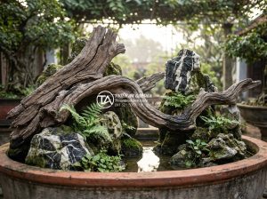 Có nên mua tiểu cảnh gỗ lũa cũ không? Những rủi ro cần tránh - A highly detailed realistic photograph of an aged Vietnamese garden small landsc