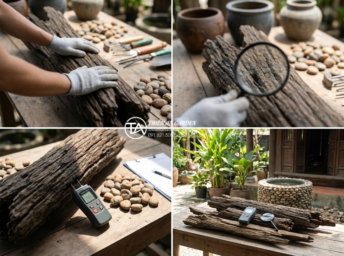 Có nên mua tiểu cảnh gỗ lũa cũ không? Những rủi ro cần tránh - Hình 4 Có nên mua tiểu cảnh gỗ lũa cũ không? Những rủi ro cần tránh - Step-by-step professional inspection scene of old driftwood: expert hands examin