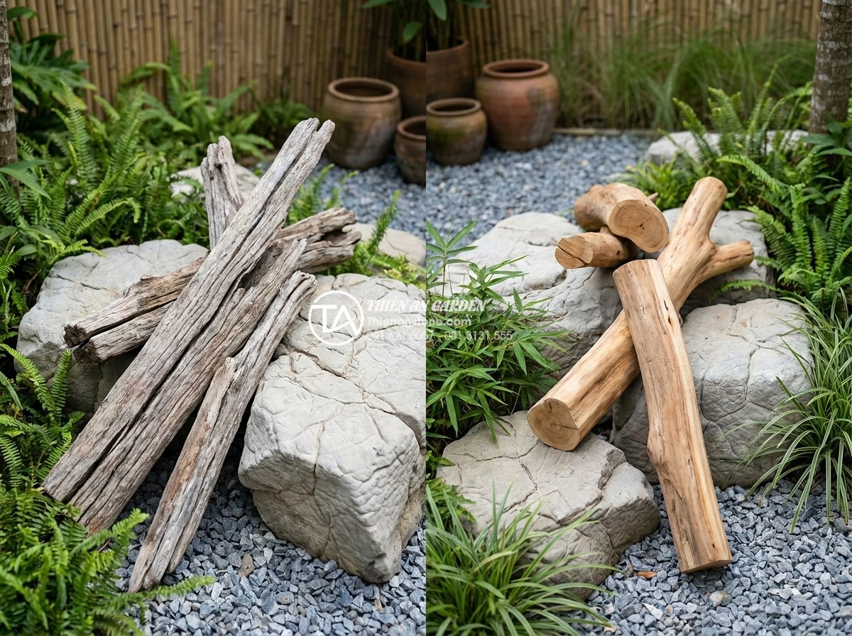 Có nên mua tiểu cảnh gỗ lũa cũ không? Những rủi ro cần tránh - Hình 5 Có nên mua tiểu cảnh gỗ lũa cũ không? Những rủi ro cần tránh - Professional comparison image showing side-by-side old weathered driftwood with