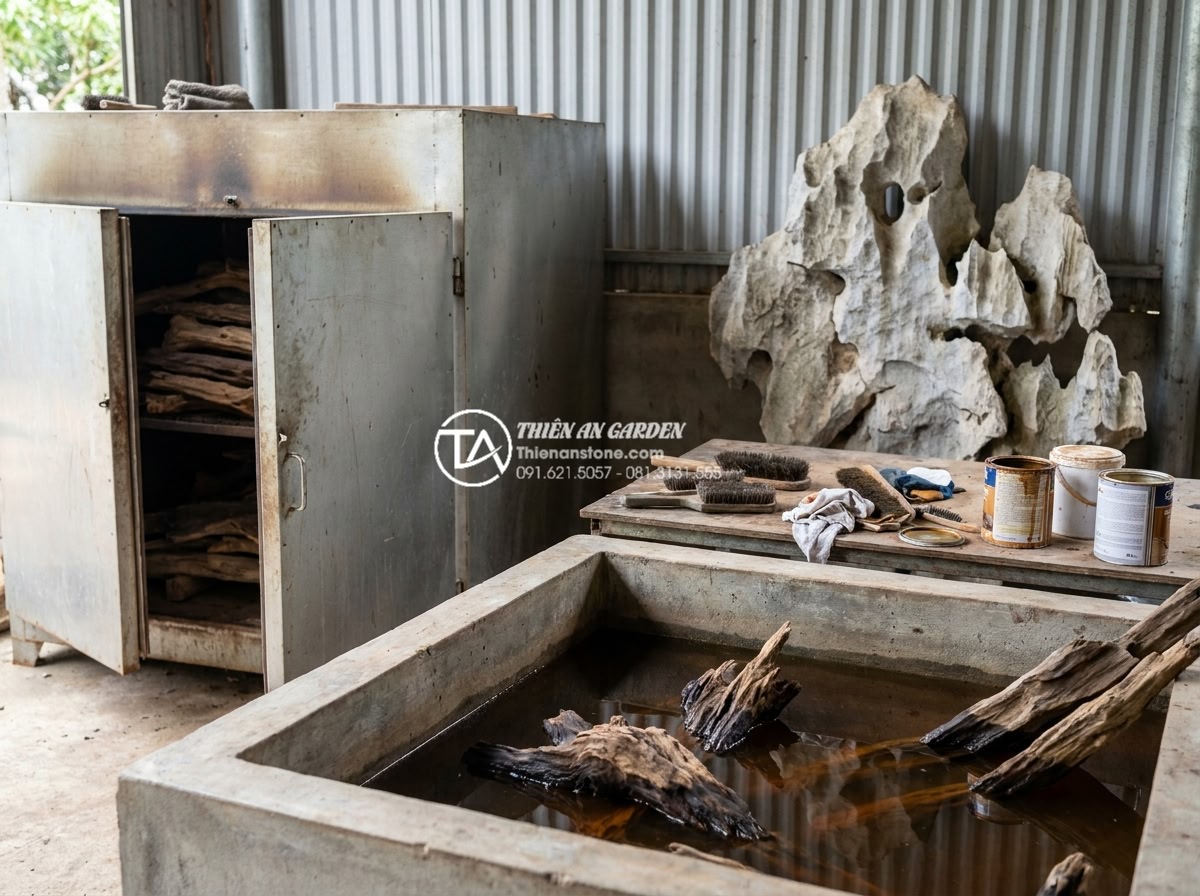 Có nên mua tiểu cảnh gỗ lũa cũ không? Những rủi ro cần tránh - Hình 6 Có nên mua tiểu cảnh gỗ lũa cũ không? Những rủi ro cần tránh - Professional workshop scene of driftwood treatment process: workers soaking old