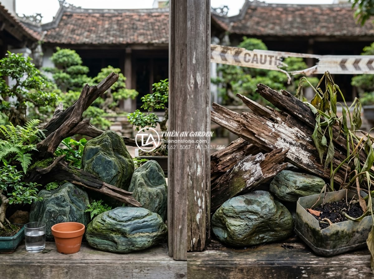 Có nên mua tiểu cảnh gỗ lũa cũ không? Những rủi ro cần tránh - Hình 9 Có nên mua tiểu cảnh gỗ lũa cũ không? Những rủi ro cần tránh - Decision-making infographic style image: split scene showing happy customer with