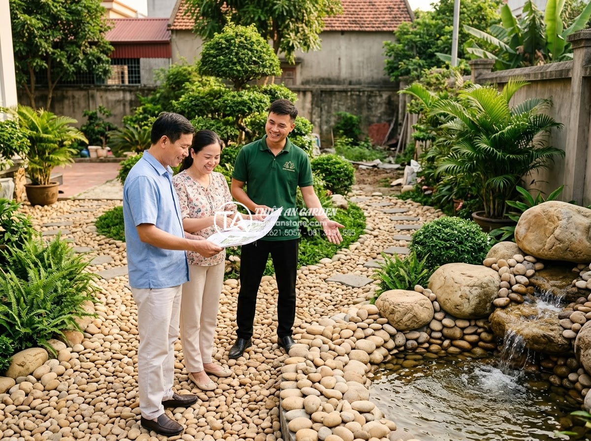 Có nên sơn màu lên đá cuội khi làm tiểu cảnh không? Tư vấn từ chuyên gia - Professional team photo of Đá Cảnh Thiên An experts consulting with clients in a