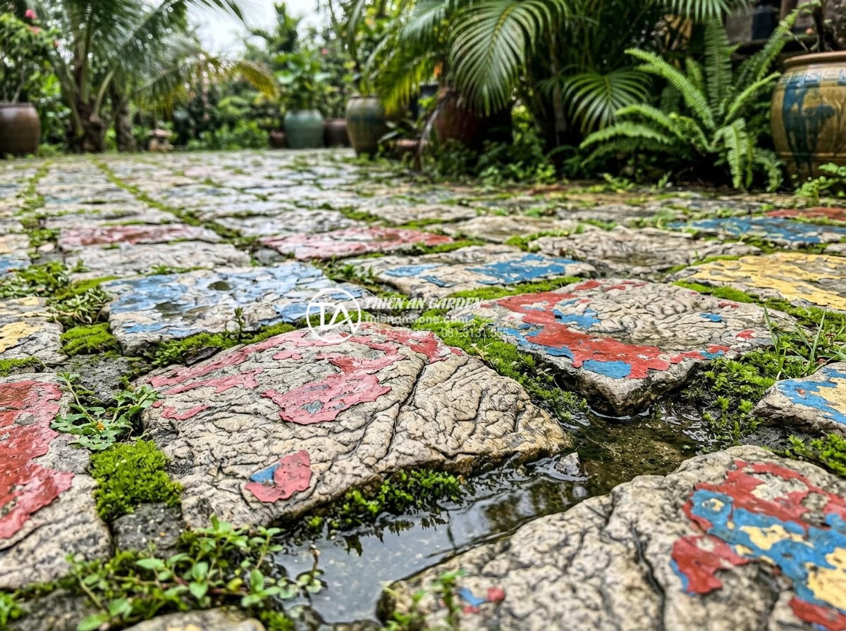 Có nên sơn màu lên đá cuội khi làm tiểu cảnh không? Tư vấn từ chuyên gia - Realistic documentary-style image of weathered painted cobblestones in an outdoo
