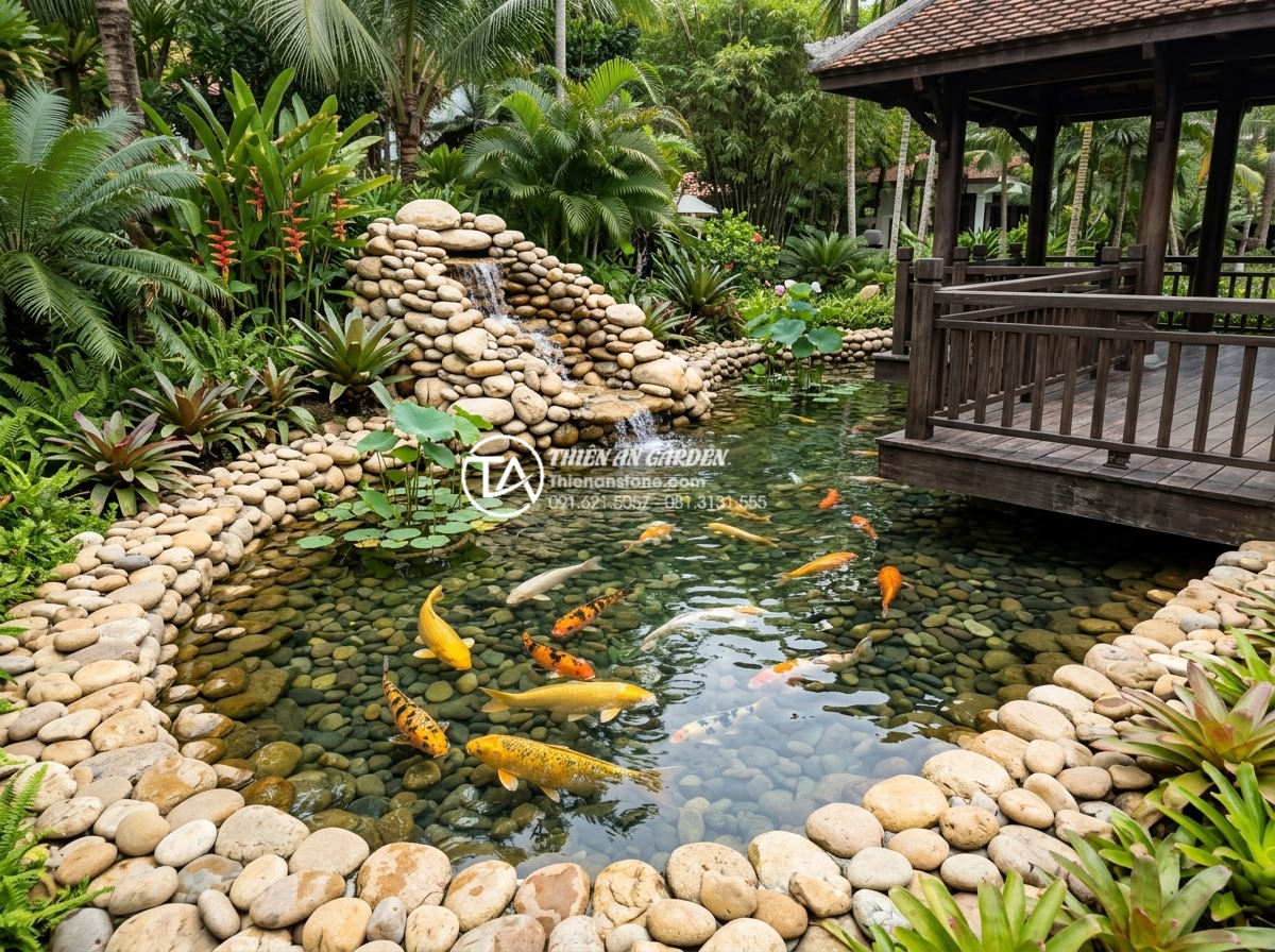 Đá cuội là gì? Tại sao đá cuội lại được ưa chuộng trong cảnh quan? - Luxury resort koi pond with natural pebble stone construction, large koi fish in