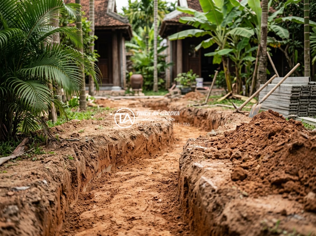 Đá cuội là gì? Tại sao đá cuội lại được ưa chuộng trong cảnh quan? - Step-by-step professional installation of pebble stone pathway showing excavatio