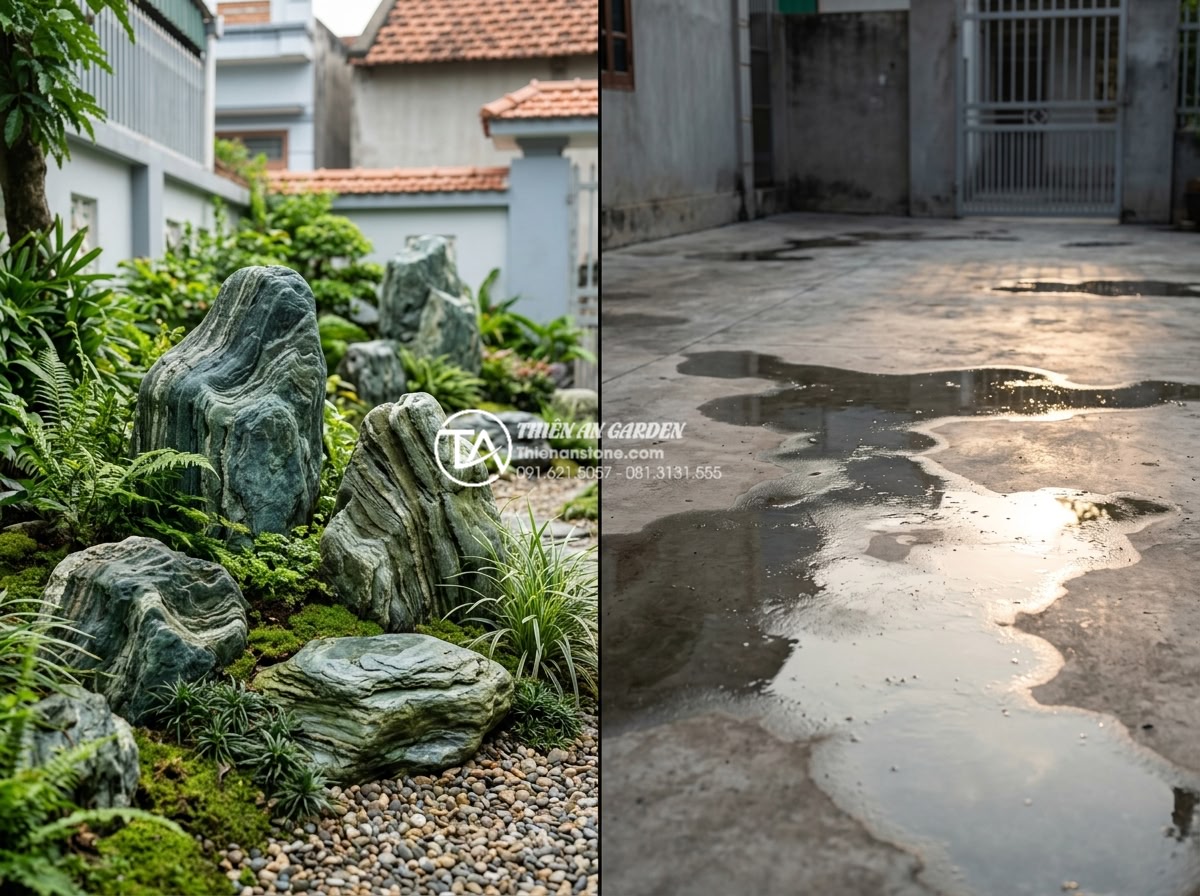 Đá cuội là gì? Tại sao đá cuội lại được ưa chuộng trong cảnh quan? - Side-by-side environmental impact illustration: pebble stone garden with thrivin