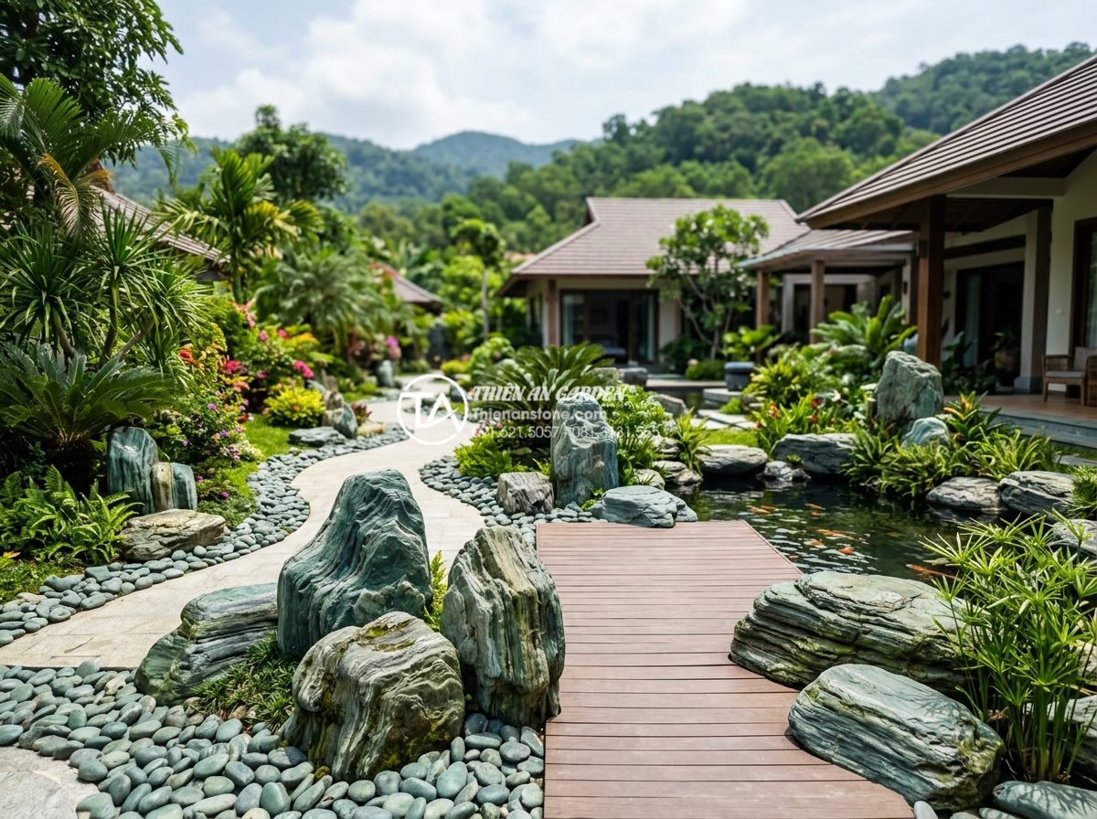 Đá cuội là gì? Tại sao đá cuội lại được ưa chuộng trong cảnh quan? - Wide landscape photograph of a luxury villa garden in Vietnam featuring pebble s