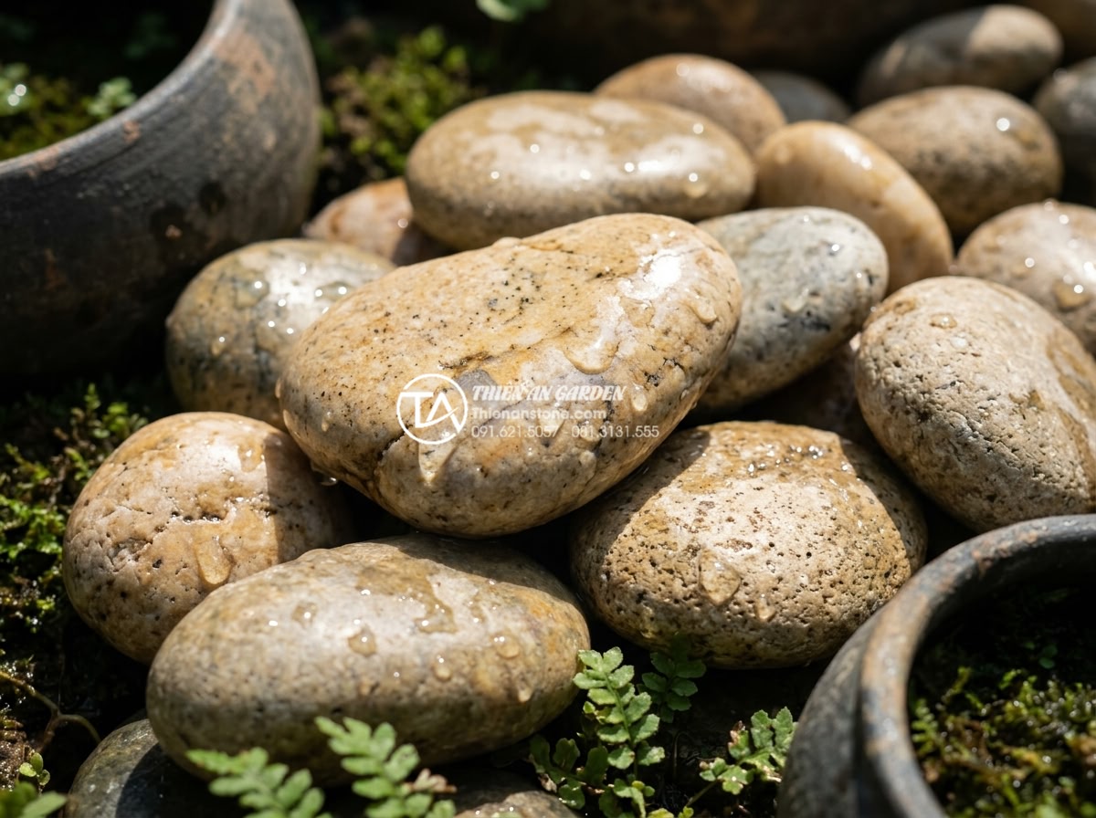 Đá cuội là gì? Tại sao đá cuội lại được ưa chuộng trong cảnh quan? - Detailed texture shot of wet river pebbles reflecting sunlight with water drople