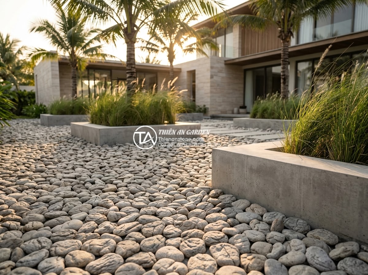 Đá cuội là gì? Tại sao đá cuội lại được ưa chuộng trong cảnh quan? - Serene modern garden design featuring extensive pebble stone areas as ground cov