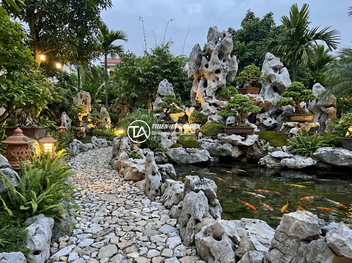 Đá cuội làm tiểu cảnh loại nào tốt? 5 tiêu chí lựa chọn bạn cần biết - Detailed realistic image of a beautifully landscaped Vietnamese villa garden fea