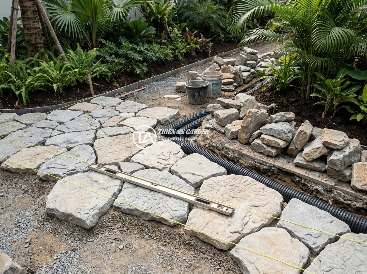 Đá cuội làm tiểu cảnh loại nào tốt? 5 tiêu chí lựa chọn bạn cần biết - Step-by-step professional construction photography of natural cobblestone garden