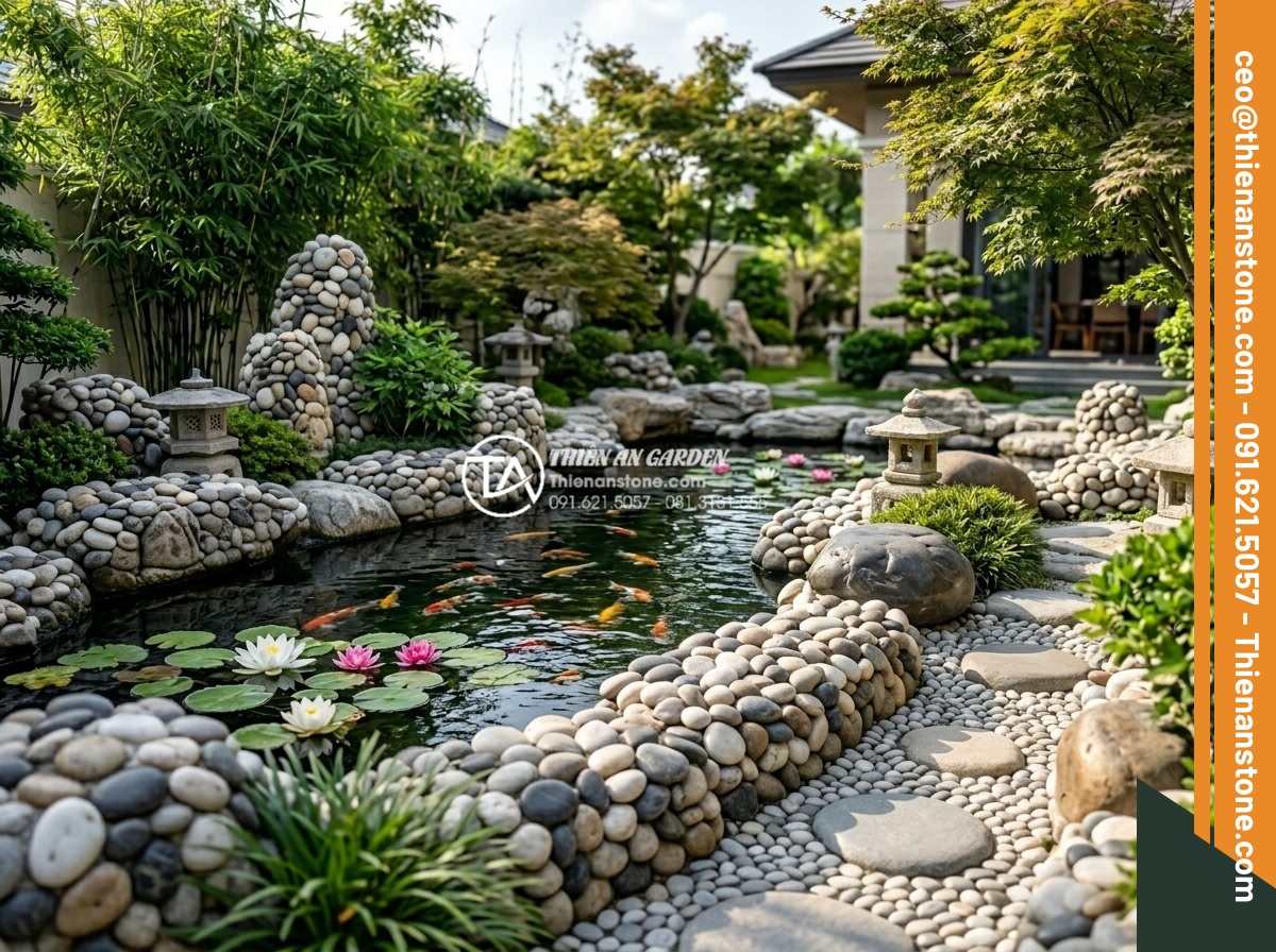 Địa chỉ mua đá cuội số lượng lớn uy tín tại Hà Nội và TP.HCM - Professional high-resolution photograph of a luxurious modern Vietnamese garden