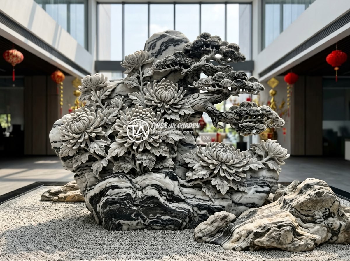 Dịch vụ cho thuê tiểu cảnh hoa tết đá tự nhiên cho văn phòng, sảnh chờ - Detailed professional photograph of an intricate natural stone Tet flower scene 