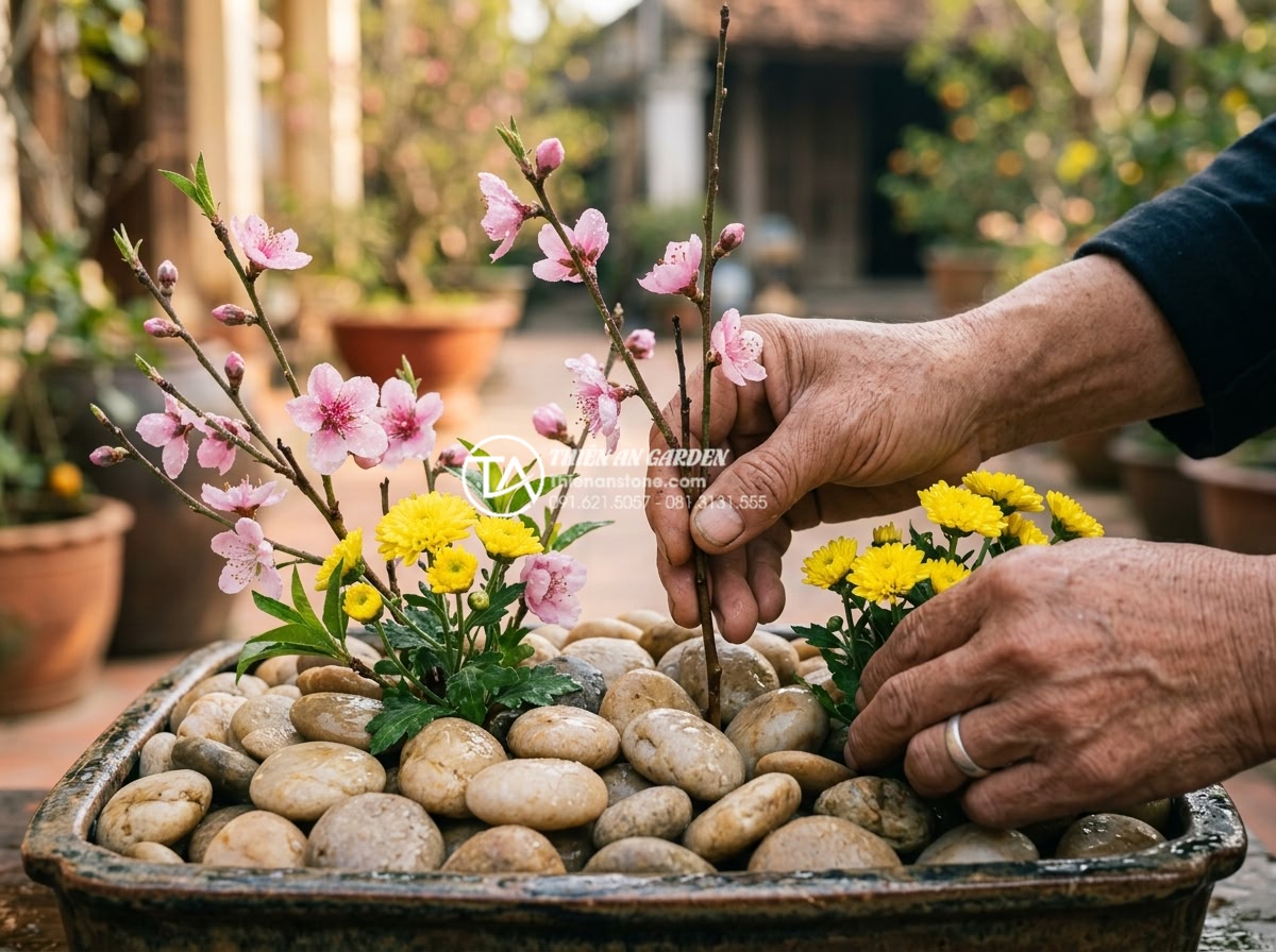 Hướng dẫn 7 bước tự làm tiểu cảnh hoa tết đá cuội tại nhà đơn giản - Hình 7 Hướng dẫn 7 bước tự làm tiểu cảnh hoa tết đá cuội tại nhà đơn giản - Close-up photorealistic image of hands carefully inserting fresh peach blossom b
