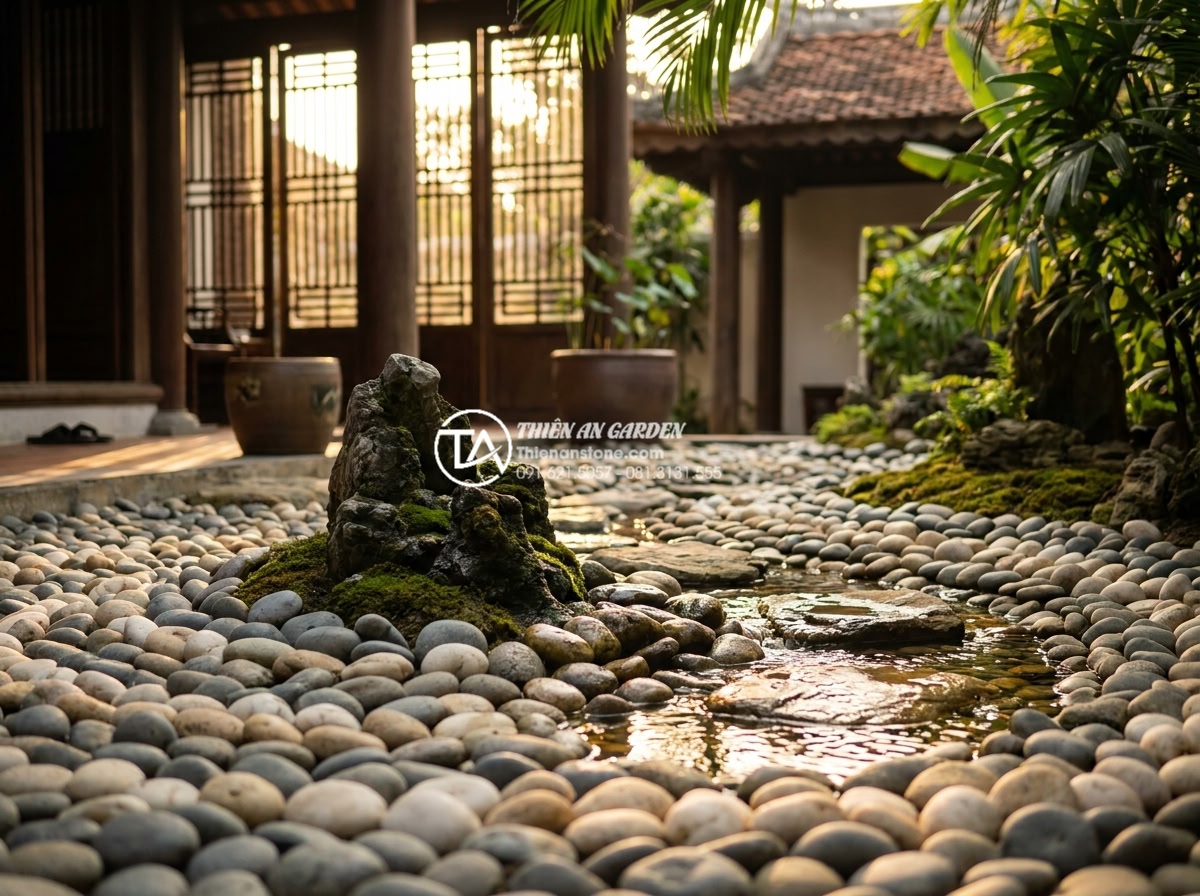 Hướng dẫn cách làm tiểu cảnh bằng đá cuội chi tiết từ chuyên gia - High-resolution professional photograph of a serene Vietnamese villa courtyard f