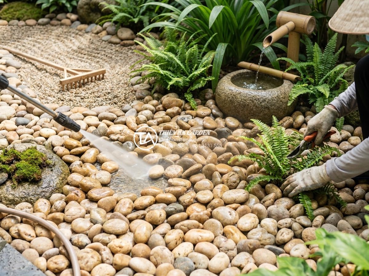 Hướng dẫn cách làm tiểu cảnh bằng đá cuội chi tiết từ chuyên gia - Hình 10 Hướng dẫn cách làm tiểu cảnh bằng đá cuội chi tiết từ chuyên gia - Professional maintenance demonstration image of a well-preserved long-term pebbl