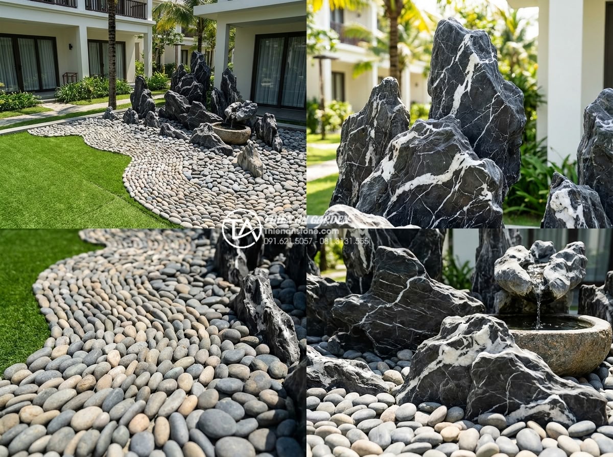 Hướng dẫn cách làm tiểu cảnh bằng đá cuội chi tiết từ chuyên gia - Hình 2 Hướng dẫn cách làm tiểu cảnh bằng đá cuội chi tiết từ chuyên gia - Detailed expert landscaping image showing a modern pebble garden comparison scen