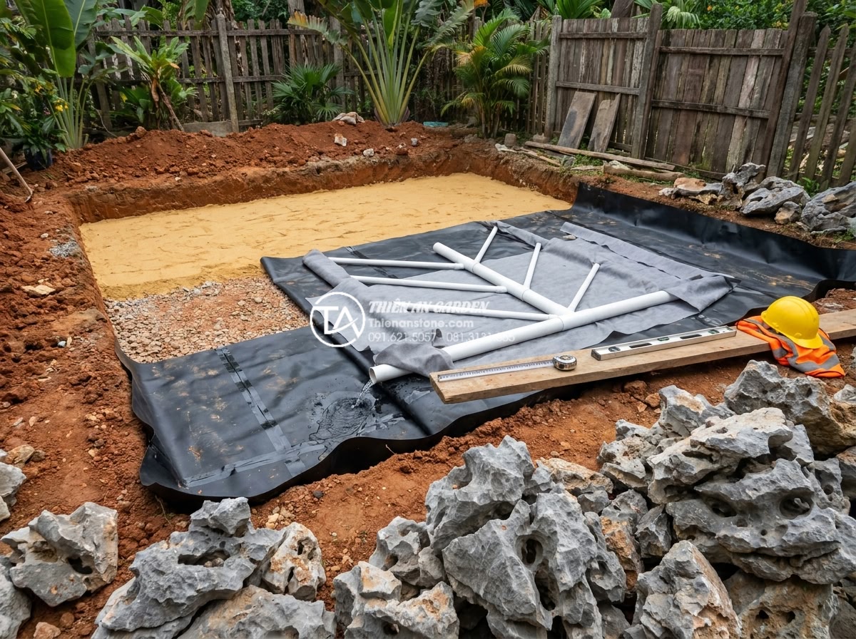 Hướng dẫn cách làm tiểu cảnh bằng đá cuội chi tiết từ chuyên gia - Hình 5 Hướng dẫn cách làm tiểu cảnh bằng đá cuội chi tiết từ chuyên gia - Detailed construction process image of professional pebble garden foundation pre