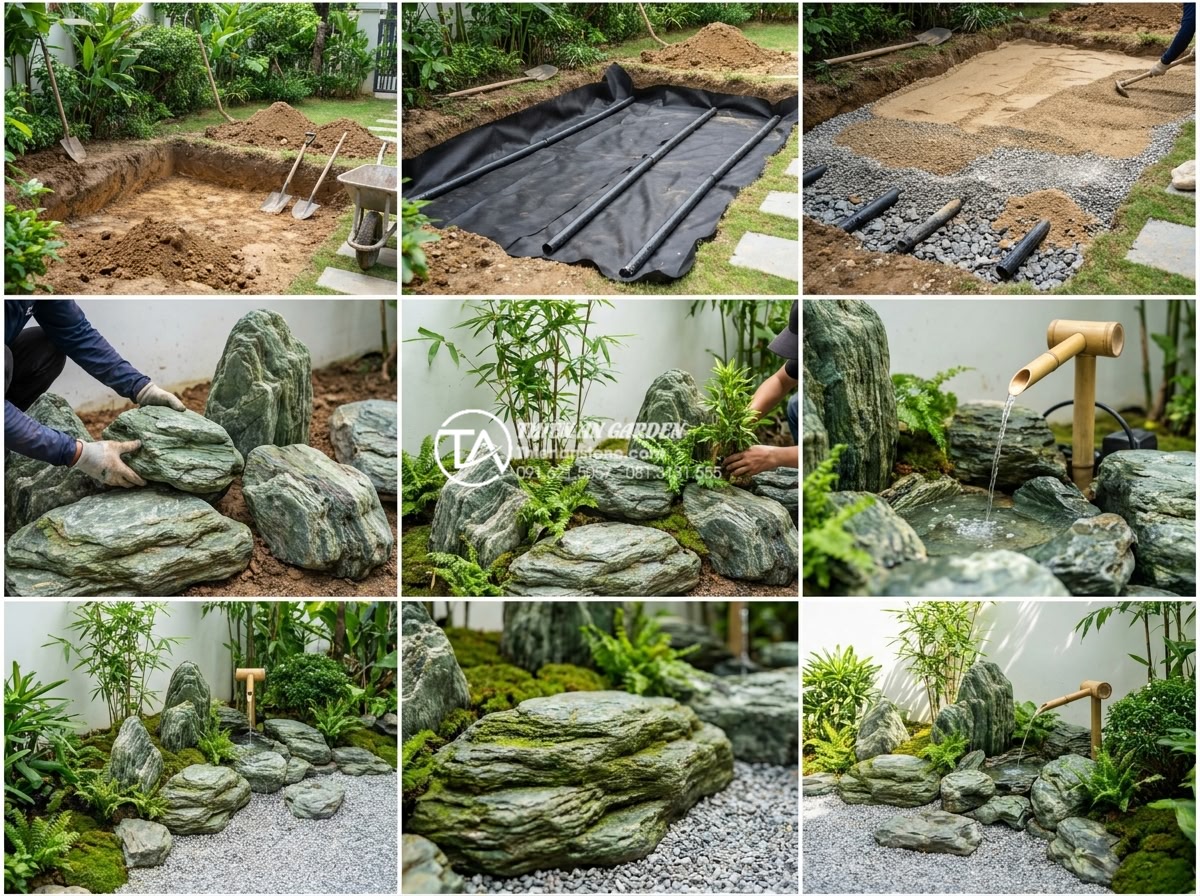 Hướng dẫn cách làm tiểu cảnh bằng đá cuội chi tiết từ chuyên gia - Hình 8 Hướng dẫn cách làm tiểu cảnh bằng đá cuội chi tiết từ chuyên gia - Step-by-step professional construction sequence collage of pebble garden install
