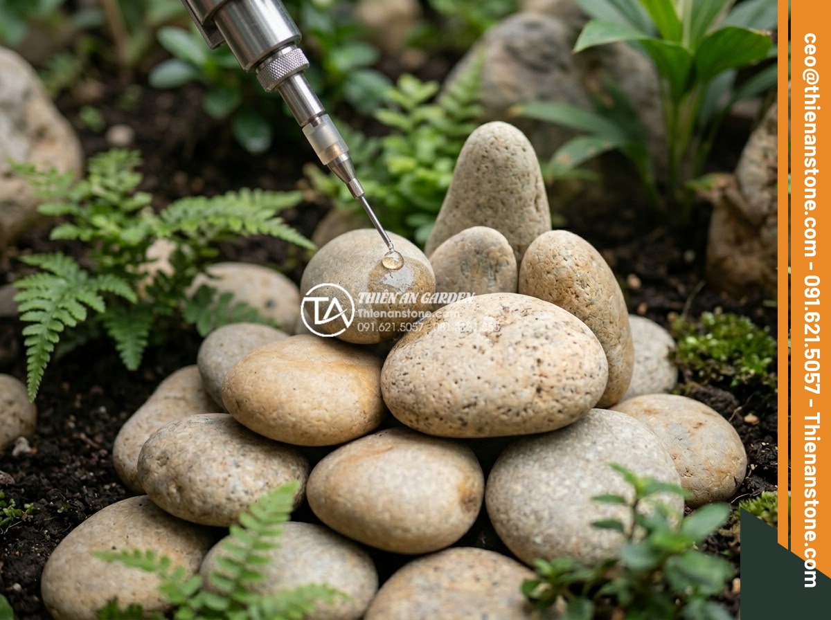 Hướng dẫn dán đá cuội làm tiểu cảnh bằng keo chuyên dụng siêu chắc - Close-up view of natural pebble stones being precisely glued together with high-