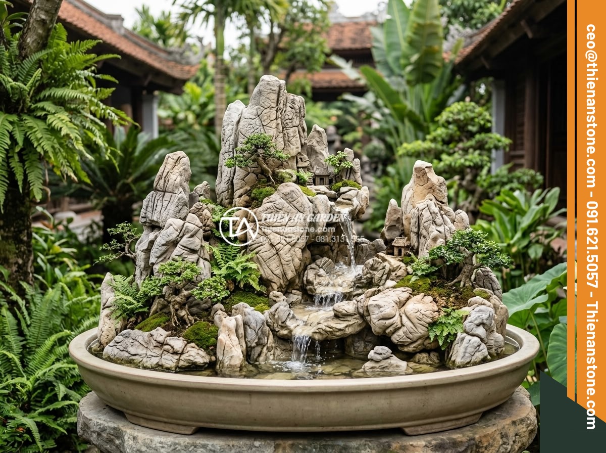 Hướng dẫn dán đá cuội làm tiểu cảnh bằng keo chuyên dụng siêu chắc - Wide angle shot of a completed pebble stone mini landscape using super strong sp