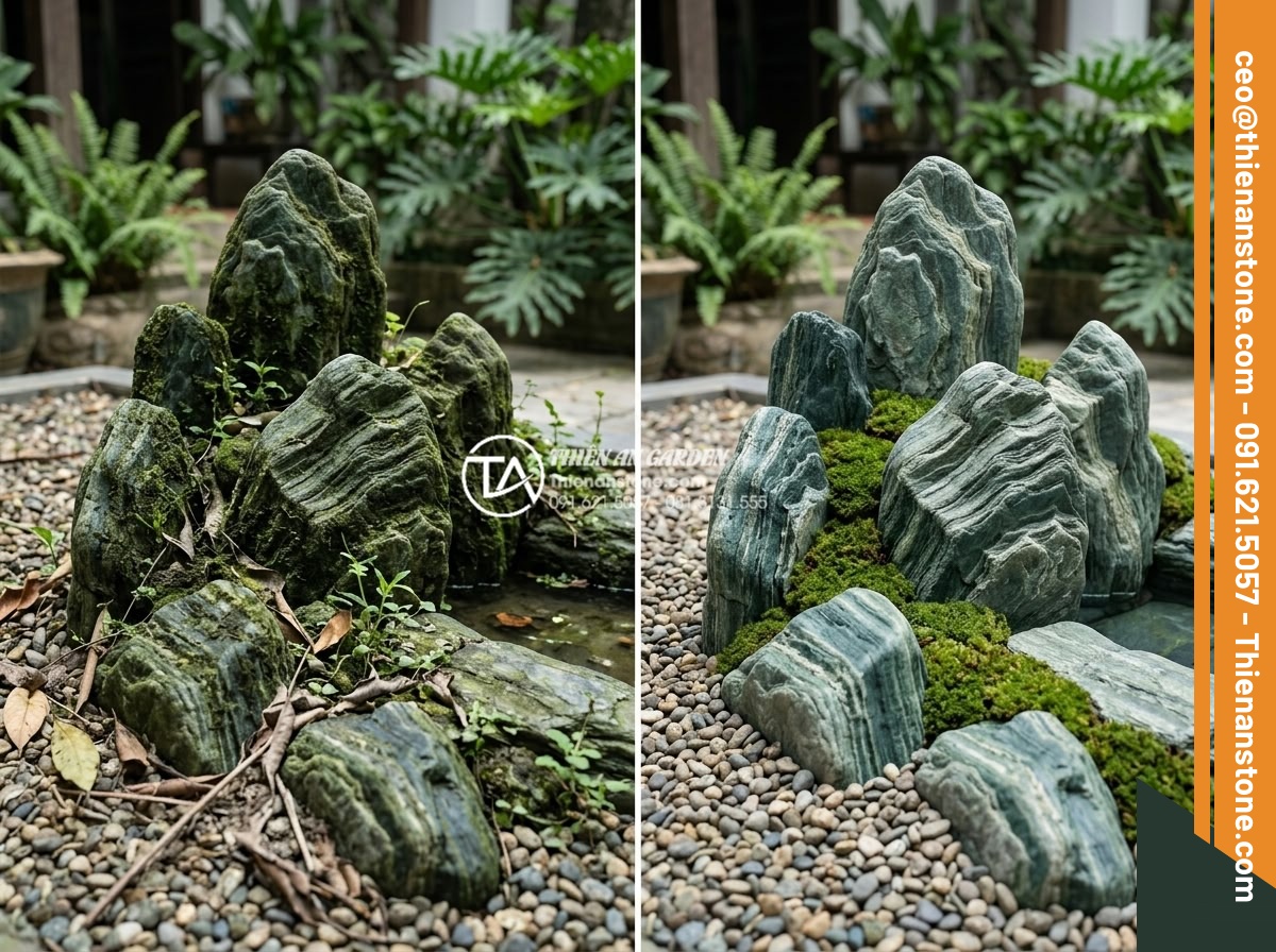 Hướng dẫn dán đá cuội làm tiểu cảnh bằng keo chuyên dụng siêu chắc - Seasonal maintenance guide visuals for pebble stone mini landscapes showing befo