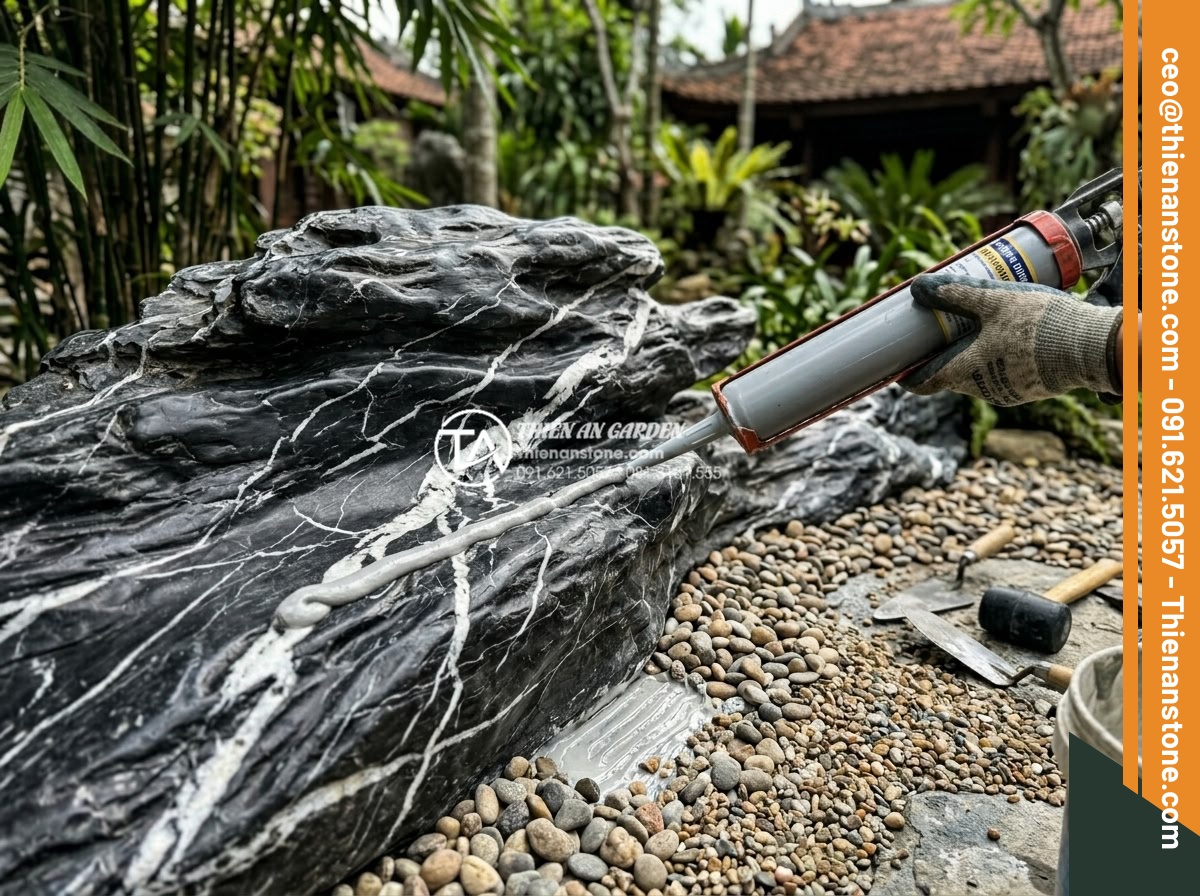 Hướng dẫn dán đá cuội làm tiểu cảnh bằng keo chuyên dụng siêu chắc - Professional team from Da Canh Thien An working on high-end pebble stone landsca