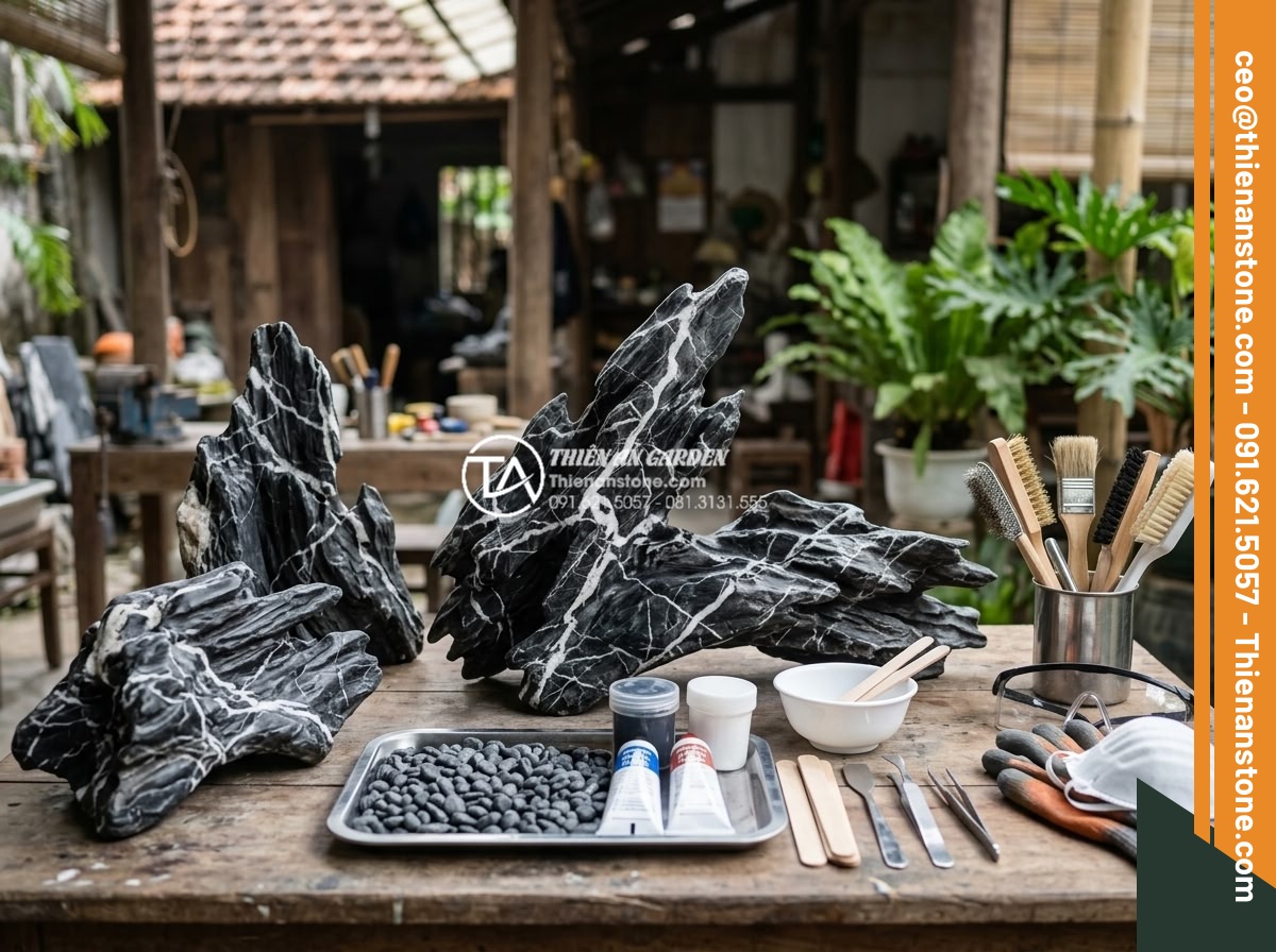 Hướng dẫn dán đá cuội làm tiểu cảnh bằng keo chuyên dụng siêu chắc - Professional setup of tools and materials including pebble stones, epoxy glue, c
