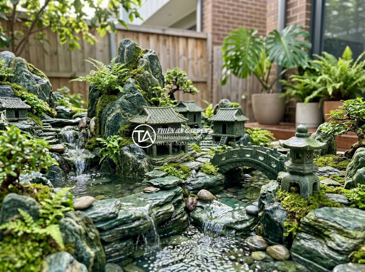 Hướng dẫn tự làm tiểu cảnh làng quê mini tại nhà cho người mới bắt đầu - High-detail realistic photo of a completed mini rural Vietnamese landscape using